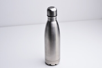 Water bottle isolated on white background. Silver color. Blank stainless steel double wall workout...