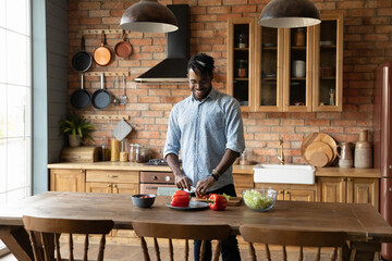 Happy millennial African American young man cooking salad in kitchen, slicing fresh vegetables at table, preparing lunch or dinner, keeping healthy diet, eating homemade meal, organic natural food