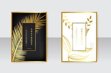Tropical cover design set with golden leaf print on white and black background. White, black and gold exotic pattern for vector wedding card, luxury menu template, summer holiday poster. 