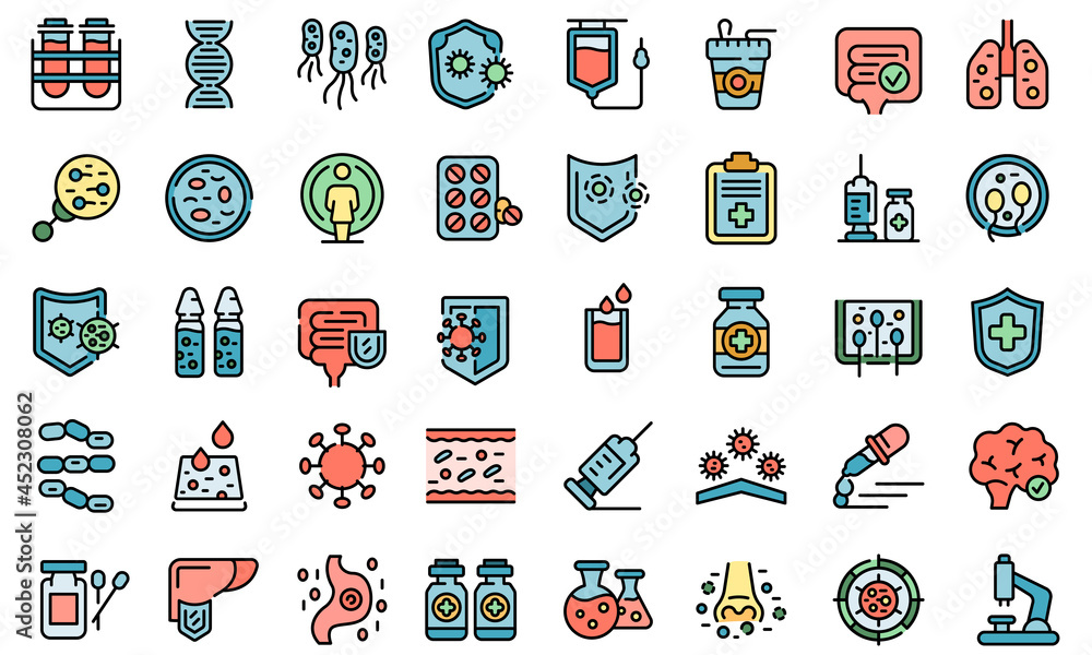 Aufkleber immune system icons set. outline set of immune system vector icons thin line color flat on white