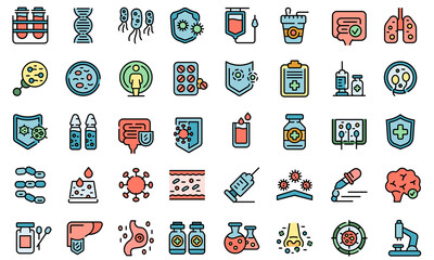 Immune system icons set. Outline set of immune system vector icons thin line color flat on white