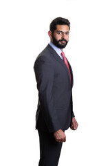 A young man wearing suit on a white background