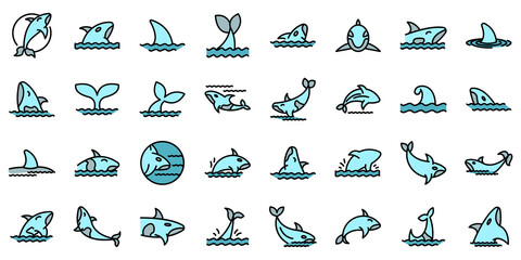 Killer whale icons set. Outline set of killer whale vector icons thin line color flat on white