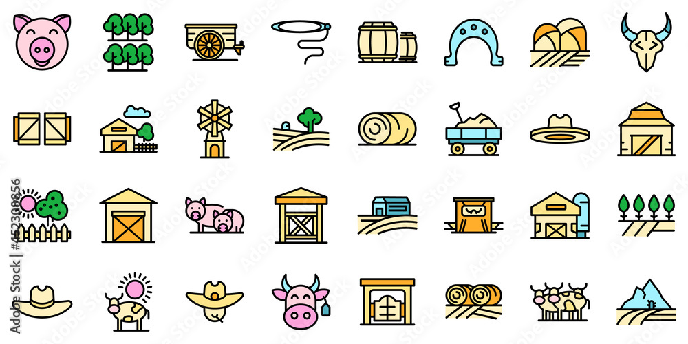 Poster ranch icons set. outline set of ranch vector icons thin line color flat on white