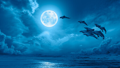 Silhoutte of beautiful dolphin jumping up from the sea at sunset with full moon 