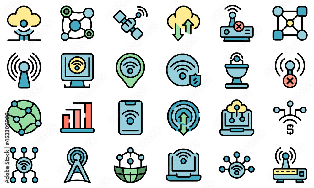 Poster internet connection icons set. outline set of internet connection vector icons thin line color flat 