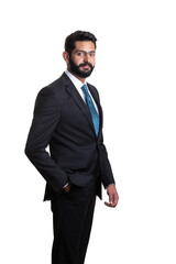 A young man wearing suit on a white background
