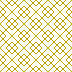Octagonal shapes and squares in a gold color outline repeating pattern on a white background, geometric vector illustration