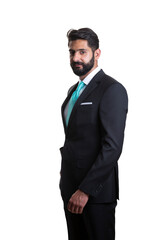 A young man wearing suit on a white background