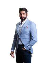 A young man wearing suit on a white background