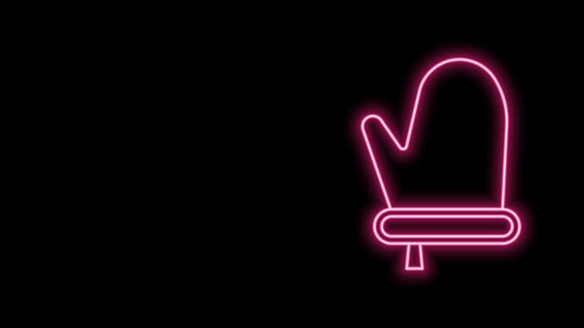 Glowing neon line Oven glove icon isolated on black background. Kitchen potholder sign. Cooking glove. 4K Video motion graphic animation