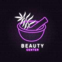 Neon sign. Beauty center with flowers, mortar and pestle for logo, label, badge, sign, emblem. For cosmetics, jewellery, beauty and handmade products, tattoo studios. Linear trendy style. Vector