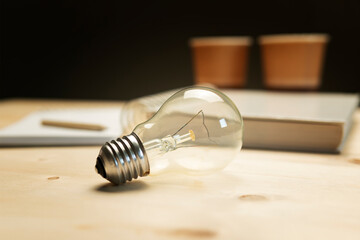 Light bulb with book, notes, pencil and two paper cups coffee on a wooden background. Idea concept.