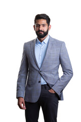 A young man wearing suit on a white background
