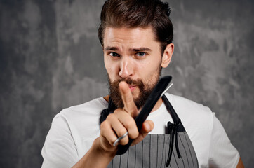 man hairdresser apron professional work barbershop