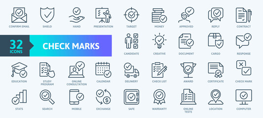 Check Marks sign - thin line web icon set. Contains such Icons as confirm, approved, check list, warranty and more. Outline icons collection. Simple vector illustration. - obrazy, fototapety, plakaty