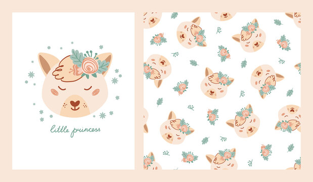 Set cute poster and seamless pattern with fox, flowers and poster with lettering Little princess. Collection designs with animals in flat style for kids clothing, textiles. Vector Illustration