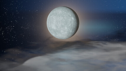 Halloween graphic background. Big full moon on blue sky with cloud floor. 3D illustration rendering