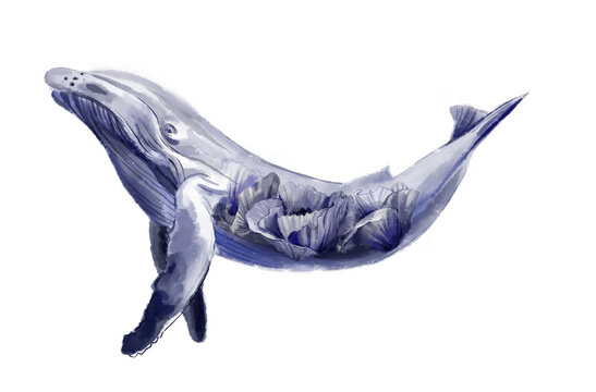 Blue whale with flowers - watercolor surreal illustration. Whale on a white background - watercolor art. 