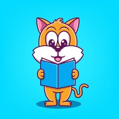 cute cat cartoon reading book vector illustration