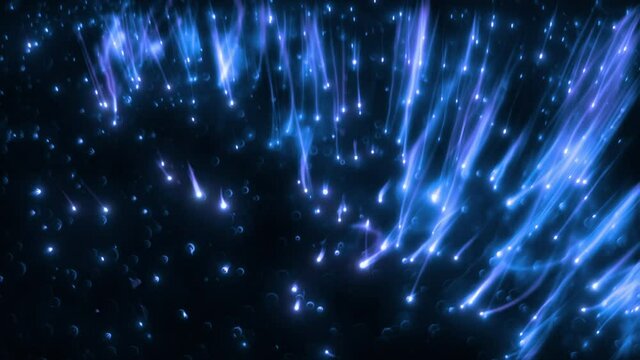 Blue shimmering abstract energy particles loop background. Concept 3D animation overlay of rising and floating futuristic artificial intelligence quantum nanotechnology robots swirling in space