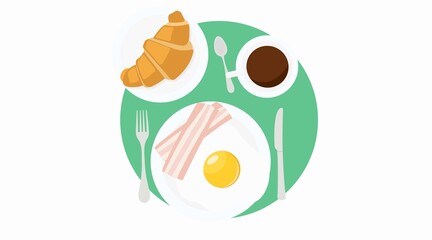 Vector Isolated Ilustration of a Breakfast, with Croissant, Fried Eggs, Bacon, Coffee, Cutlery. Breakfast Sign or Icon