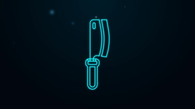 Glowing neon line Meat chopper icon isolated on black background. Kitchen knife for meat. Butcher knife. 4K Video motion graphic animation