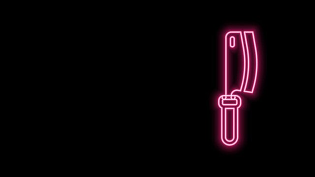 Glowing neon line Meat chopper icon isolated on black background. Kitchen knife for meat. Butcher knife. 4K Video motion graphic animation
