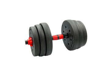 Adjustable dumbbell black and red color, Isolated on white background, Three section weight scale, Lifting for exercise and build muscle arms, Fitness at home for Healthy and Health care concept.
