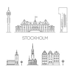 Stockholm, Line Art Vector illustration with all famous buildings