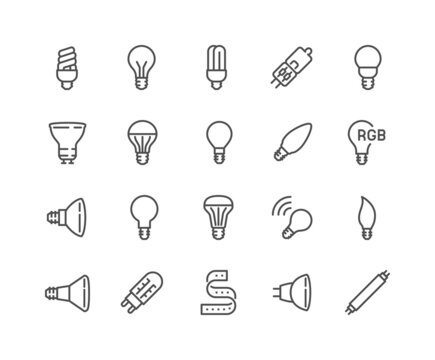 Simple Set of Light Bulb Related Vector Line Icons. Contains such Icons as RBG stripe, Classic Lamp, Halogen Tube and more. Editable Stroke. 48x48 Pixel Perfect.