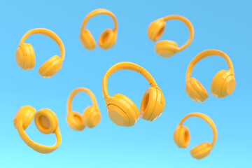 Flying gamer headphones or headset on blue and yellow background © Vasyl Onyskiv