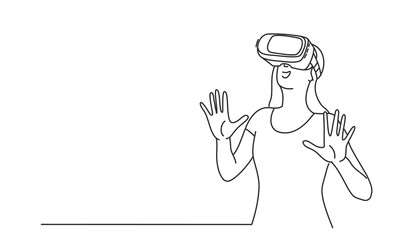 Young woman wearing 3d glasses touching air during the VR experience.