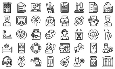 Specialist help icons set outline vector. Mask aid. Clinic care
