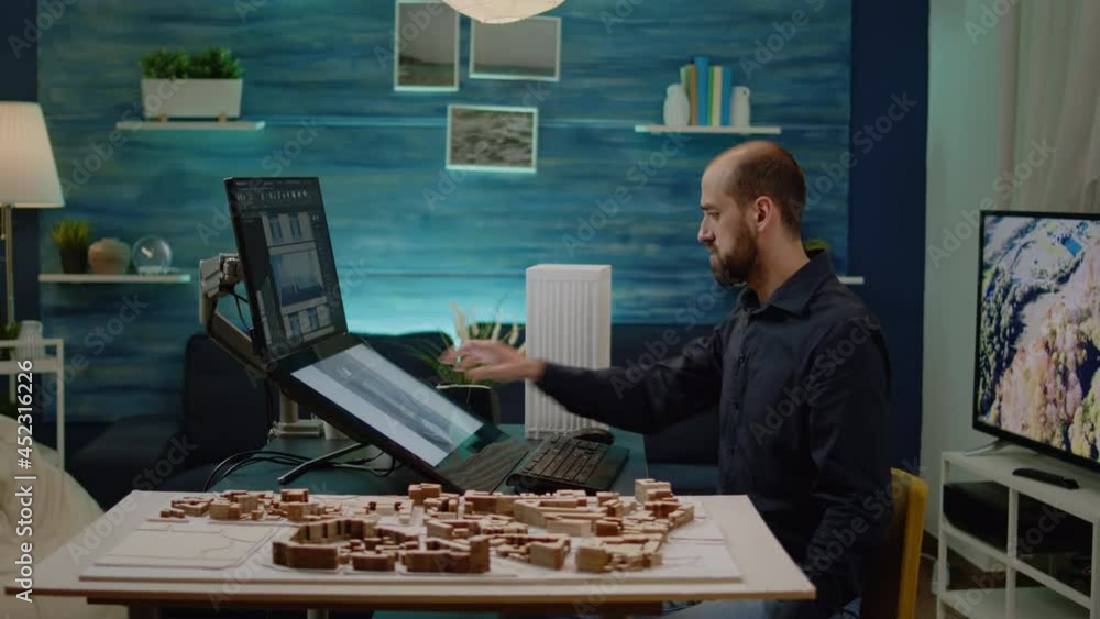 Poster architect analyzing building model on touch screen monitor for construction layout in architectural 