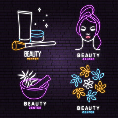 Neon sign. Set of Beauty center emblem with woman face, ceramic candle aroma oil lamp, mortar and pestle, lipstick. Beauty center label, badge, sign for cosmetics, jewellery, beauty. Vector