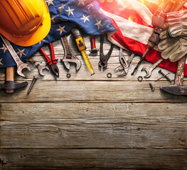 Labor Day - National Holiday - Mechanic Tools And Usa Flag On Wooden Background - 452316464