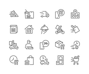 Simple Set of Food Delivery Related Vector Line Icons. Contains such Icons as Courier on the bike, Food Box, Contactless Delivery and more. Editable Stroke. 48x48 Pixel Perfect.