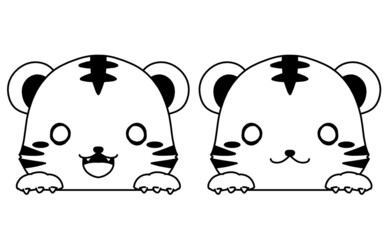 モノクロのかわいいトラの顔の表情セット