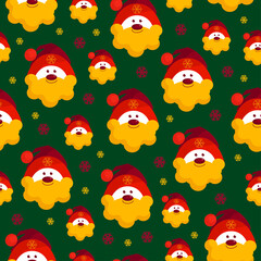 Seamless Christmas pattern. Portrait of Santa Claus, on a green background. Christmas design elements, vector. High-quality flat design. New Year, holiday.