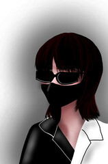 A black short-hair girl illustation wearing a mask and sunglasses, black and white color.