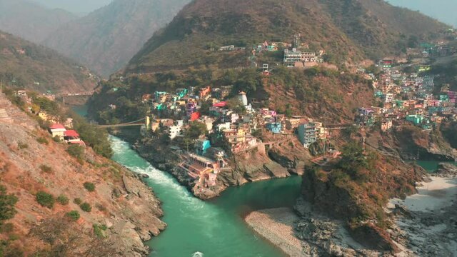Aerial view of Kharakmaf small township on the rocks along Ganges river, Uttarakhand, India.