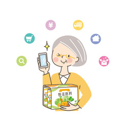 通販で飲み物を購入したシニア女性