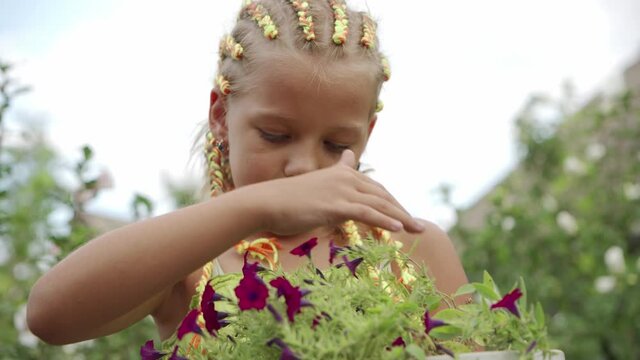 A pleasant girl carefully examines the potted flowers grown in the garden in the backyard. Love for plants.