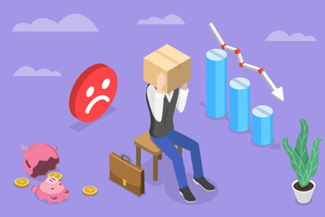 3D Isometric Flat Vector Conceptual Illustration of Business Frustration, Depressed Businessman is on the Brink of Collapse - obrazy, fototapety, plakaty