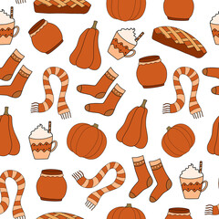 Happy fall seamless pattern with autumn cosy elements