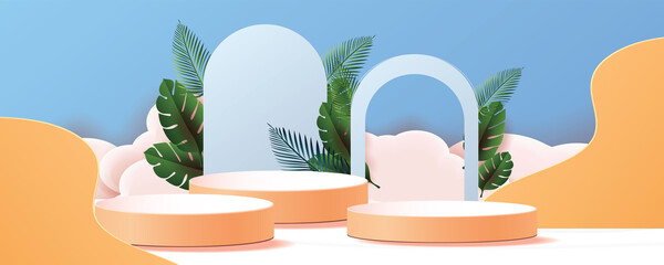 3d geometric podium mockup leaf tropical netural concept for showcase green background Abstract minimal scene product presentation vector illustation
