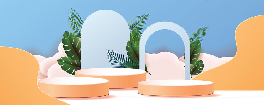 3d geometric podium mockup leaf tropical netural concept for showcase green background Abstract minimal scene product presentation vector illustation
