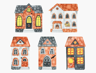 Watercolor haunted houses set. Hand drawn Halloween illustrations for greeting cards, invitations, Halloween party decoration and other.