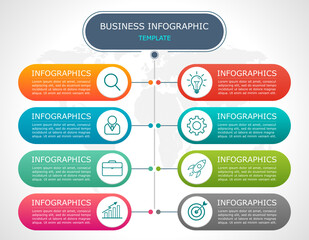 Business infographic Vector with 8 steps.Used for information,data,style,chart,graph,sign,icon, project,strategy,technology,learn,brainstorm,creative,growth,stairs,success, idea,text,web,report,work.